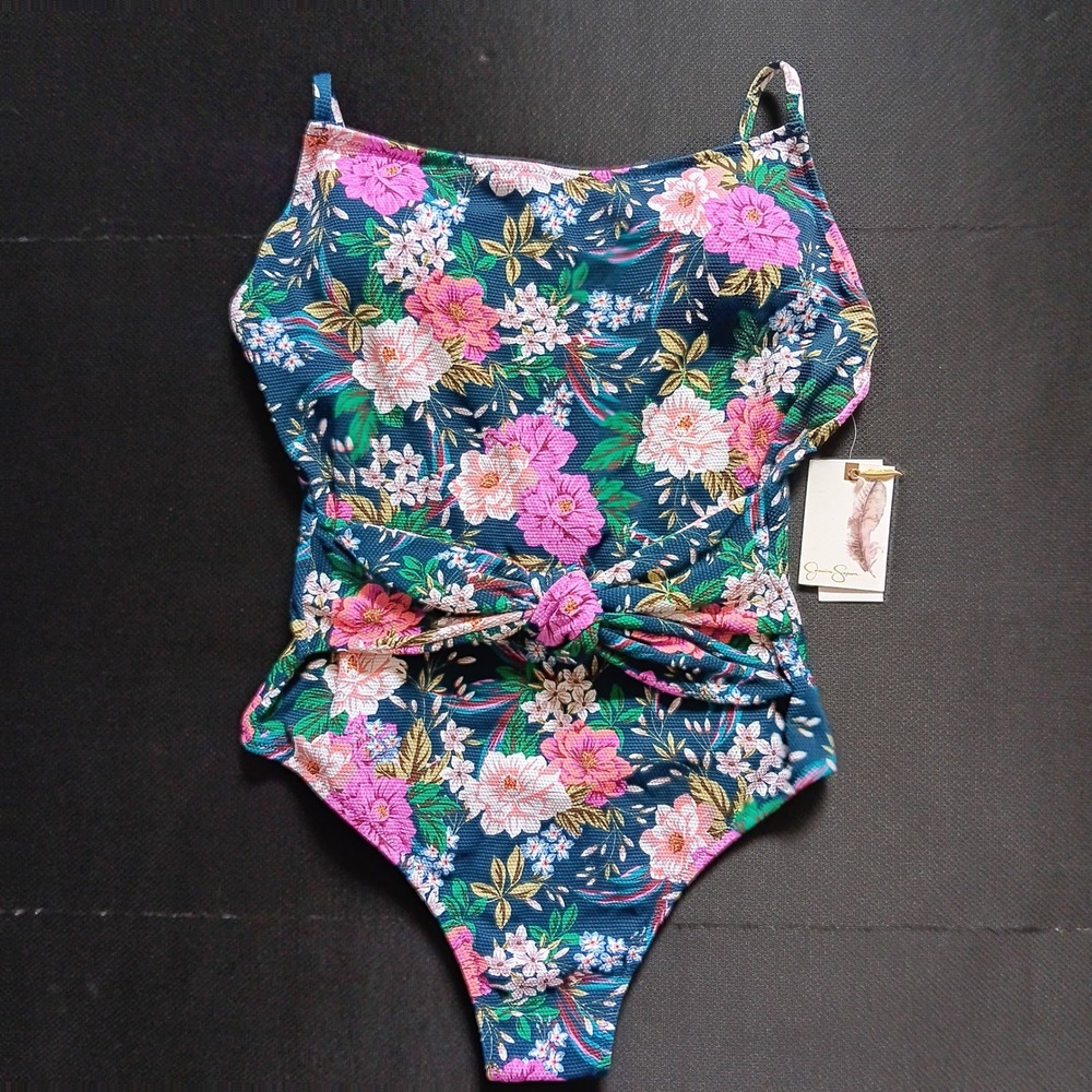 Jessica Simpson One Piece Swimsuit Women XL Navy Floral NWT Tie Front Textured